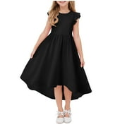 Baby Dresser Girl's Contrast Mesh Short Sleeve High Waist Flared A Line Short Dress Black,7-8 Years